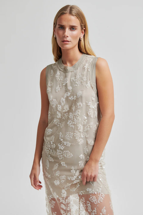 Second Female Salema Sequin Dress Plaza Taupe - Front View Showing All-Over Sequin and Bead Embellishments