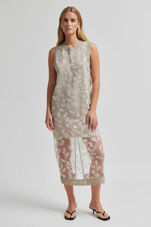 Second Female Salema Sequin Dress - Close-Up of Sheer Mesh Fabric with Sequin and Beaded Embellishment Detail