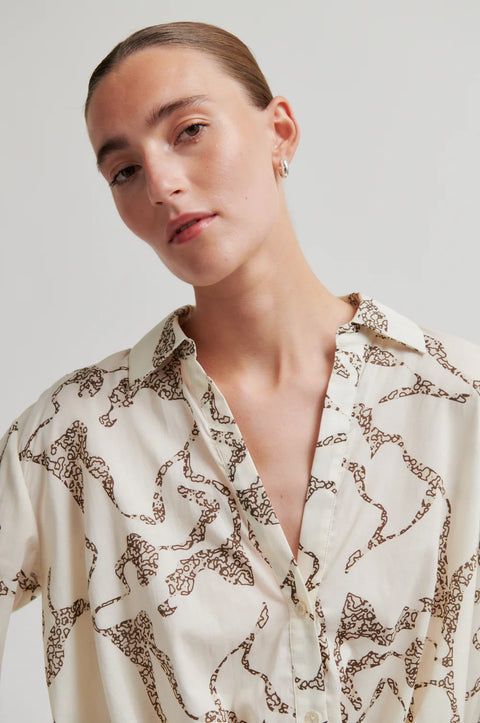 Second Female Soil Shirt Eggnog - Front View Showing All-Over Print and Twisted Front Hem Detail