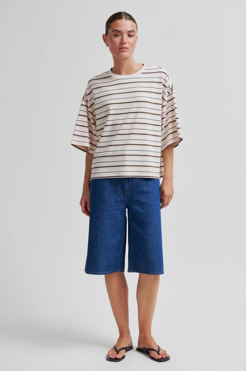 Second Female Crystal Pink Striped Tee - Close-Up of Soft Lyocell Cotton Stripe Fabric and Boxy Cut
