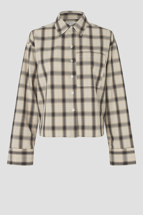 Second Female Liria Shirt in Rutabaga - Close-Up of Warm-Hued Check Pattern and Chest Pocket on 100% Cotton