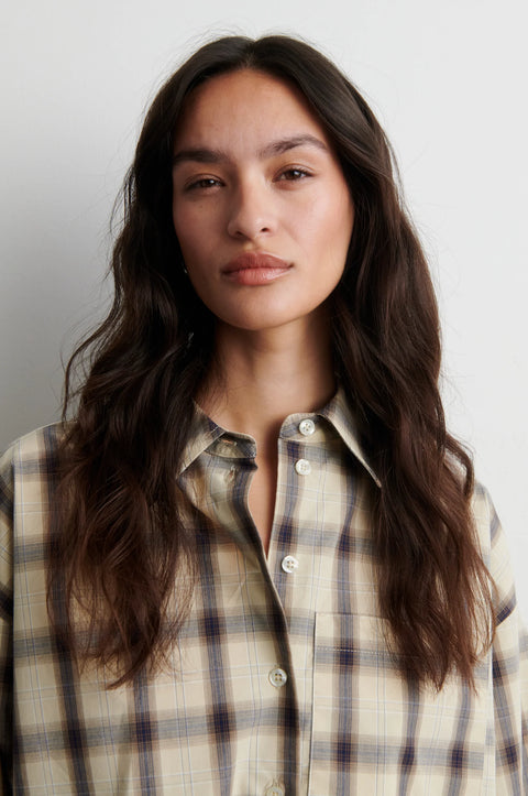 Second Female Liria Rutabaga Check Shirt - Front View Showing Warm Check Pattern, Classic Collar and Chest Pocket