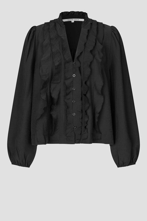 Second Female Rayna Black Frill Blouse - Styled Shot Untucked Over Jeans Showing Easy Straight Hem Fit