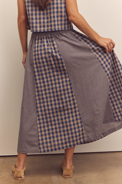Amente Cotton Gingham Paneled Midi Skirt in Blue. Checkered midi skirt, paneled, flowy, with pockets