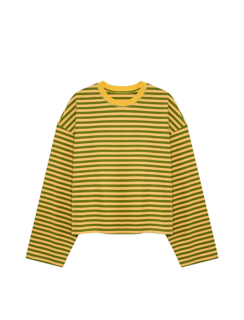 Apres June Striped Long Sleeve Tee in Melon close-up – soft cotton spandex blend stripe pattern detail