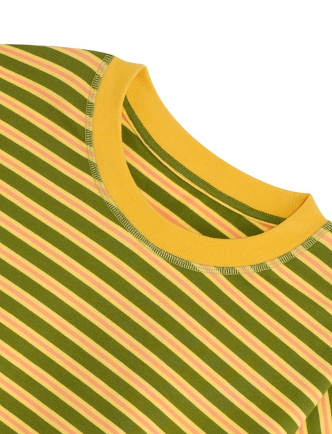 Close-up of Apres June melon stripe tee fabric detail – lightweight 95% cotton 5% spandex dropped shoulder summer top