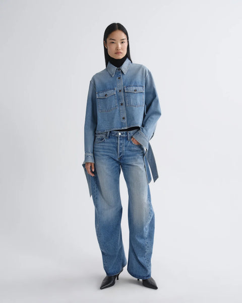 AGOLDE Hewitt Index Denim Shirt - Front View Showing Oversized Flap Chest Pockets, Pointed Collar and Extended Cuff Tie Detail