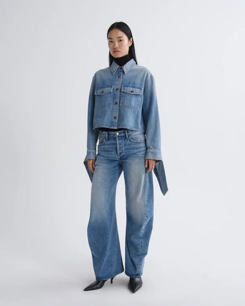AGOLDE Hewitt Strap Shirt in Index - Styled Shot Showing Effortless Cropped Utility Denim Shirt Paired with Jeans