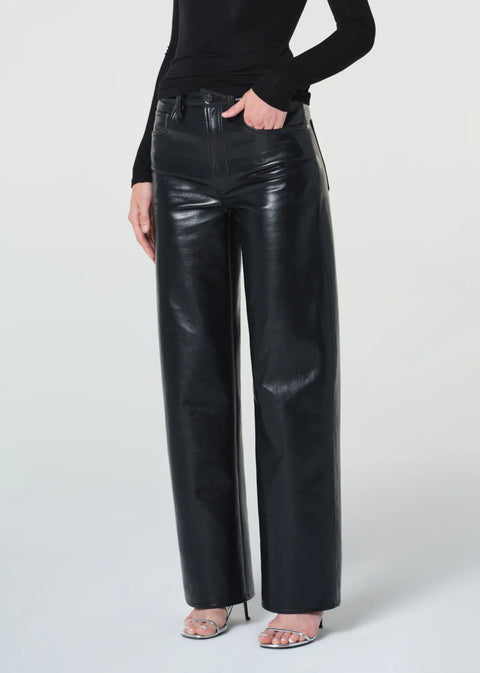 black recycled leather pants, wide leg, mid rise waist 
