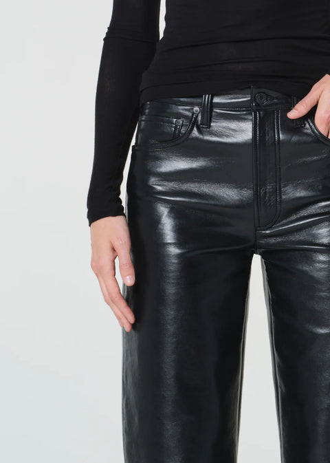 black recycled leather pants, wide leg, mid rise waist 
