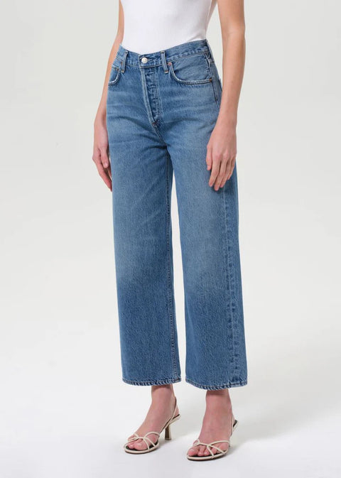AGOLDE Ren Jean Shrine in medium indigo blue, soft touch denim no stretch, high-rise waist and cropped wide leg