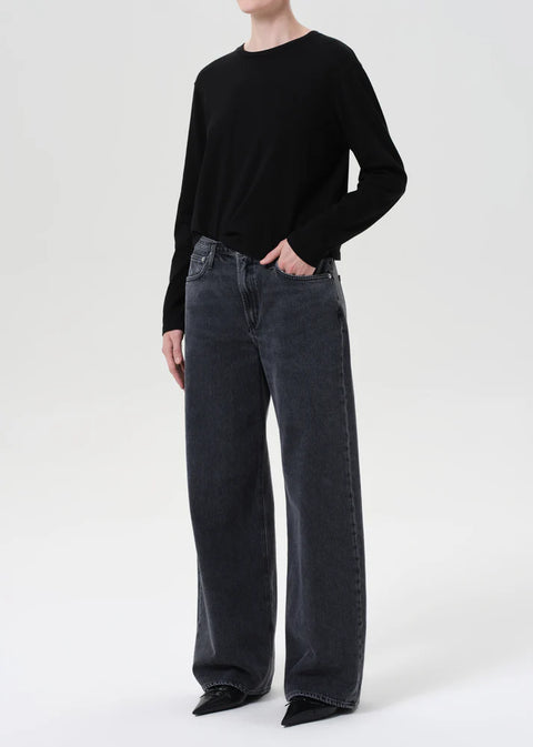 Black organic cotton AGOLDE Sydney relaxed long sleeve tee on hanger