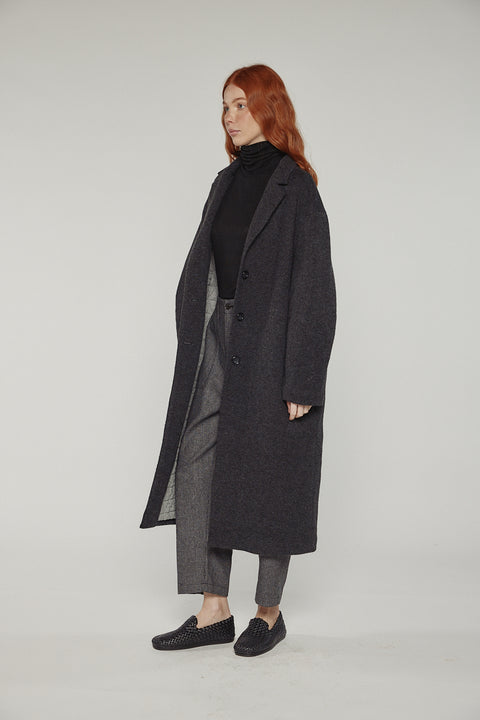 Amente cocoon sleeve maxi coat in charcoal grey on model