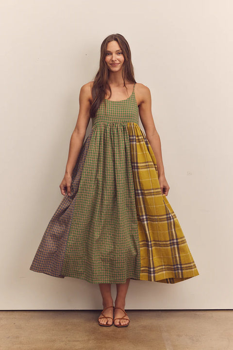 Amente Contrast Cami Dress in Mixed Print, checkered green, plaid, Long dress, flowy, aline, sleeveless