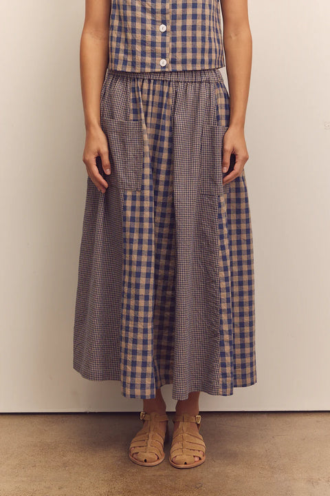 Amente Cotton Gingham Paneled Midi Skirt in Blue. Checkered midi skirt, paneled, flowy, with pockets
