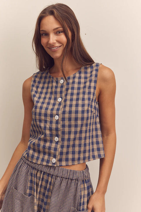 Amente Cotton Gingham Sleeveless Button-Down Top in blue. cotton-linen blend, gingham blue sleeveless top, button down 