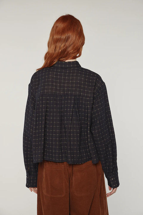 Black blouse made from 100% cotton, delicate pleats, straight silhouette, simple neckline with collar. Amente Cotton Pleated Blouse in Black
