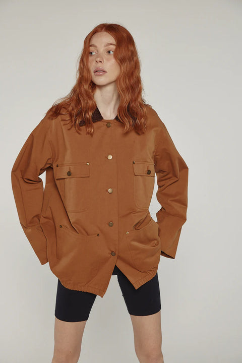 Durable cotton jacket, worker jacket style with buttons down the front, boxy fit, patch pockets, 100% cotton. Amente Cotton Worker Jacket in Brown
