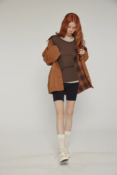 Durable cotton jacket, worker jacket style with buttons down the front, boxy fit, patch pockets, 100% cotton. Amente Cotton Worker Jacket in Brown
