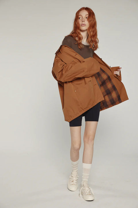 Durable cotton jacket, worker jacket style with buttons down the front, boxy fit, patch pockets, 100% cotton. Amente Cotton Worker Jacket in Brown
