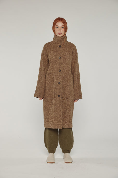 Close-up of Amente herringbone high-neck maxi coat in brown khaki