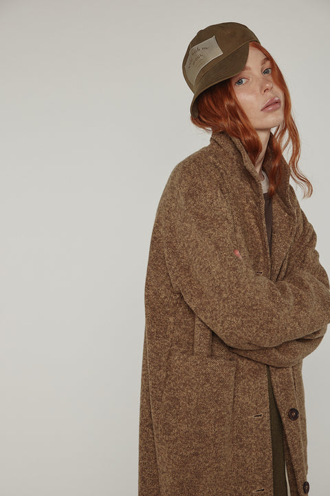 Amente herringbone high-neck maxi coat in brown khaki