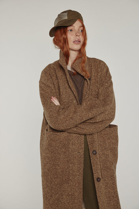 Amente herringbone high-neck maxi coat in brown khaki