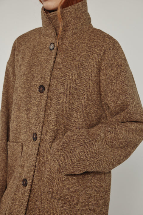 Amente herringbone high-neck maxi coat in brown khaki