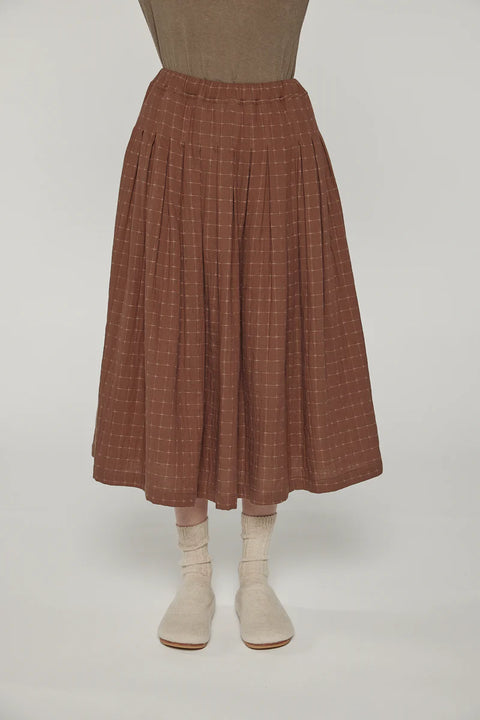 wide-leg pants with tie waist made from cotton linen blend, straight leg fit.  brown and black pattern. Amente Pleated Waist Tie Skirt in Brown
