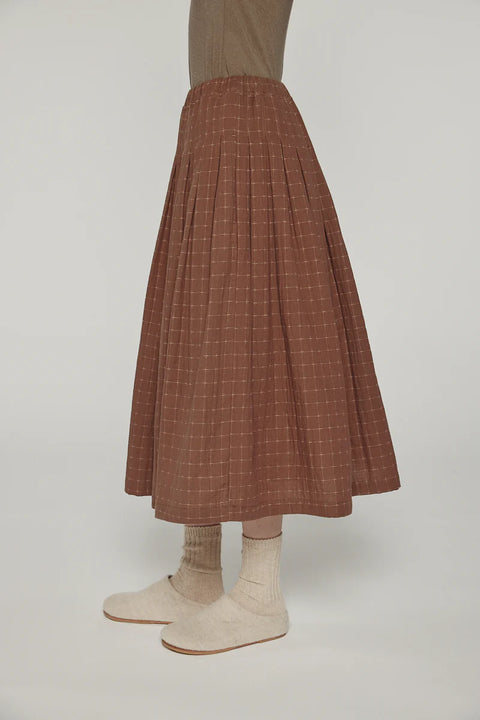 wide-leg pants with tie waist made from cotton linen blend, straight leg fit.  brown and black pattern. Amente Pleated Waist Tie Skirt in Brown
