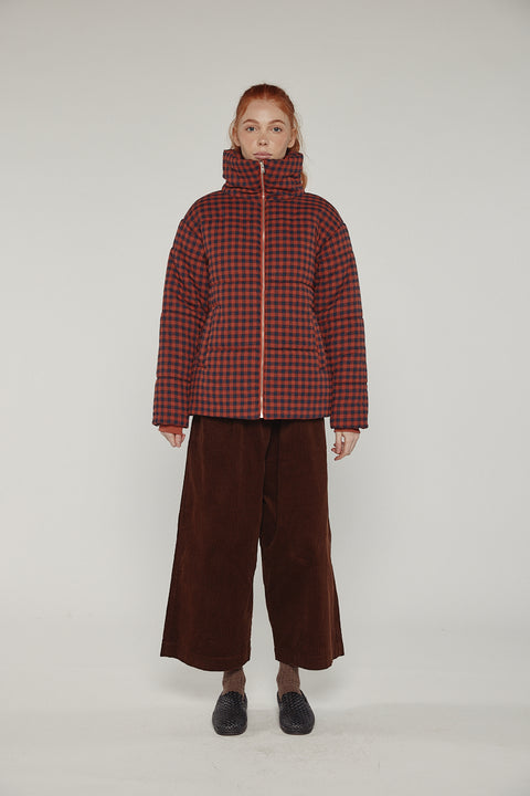 Amente puff gingham jacket in brick red and black with high neck
