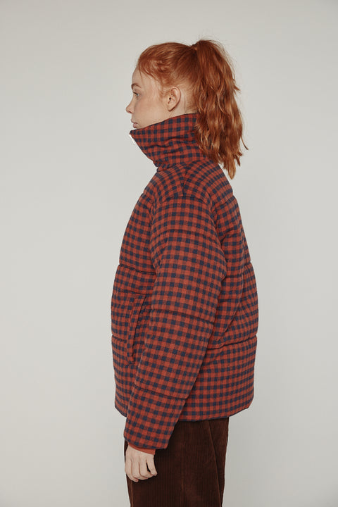 Amente puff gingham jacket in brick red and black with high neck