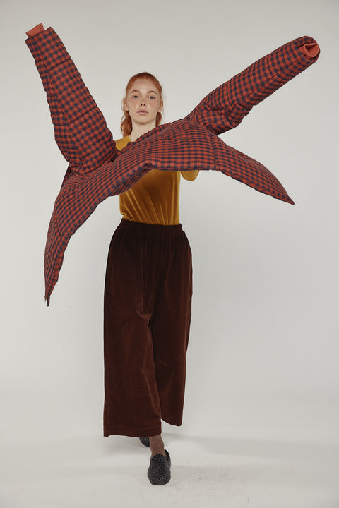 Amente puff gingham jacket in brick red and black with high neck