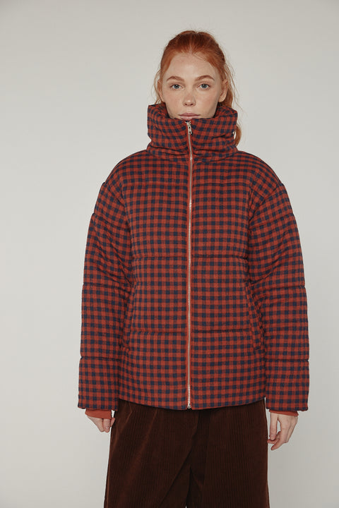 Amente puff gingham jacket in brick red and black with high neck