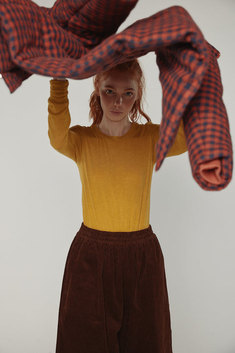 Amente puff gingham jacket in brick red and black with high neck