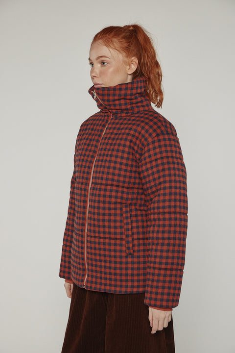Amente puff gingham jacket in brick red and black with high neck