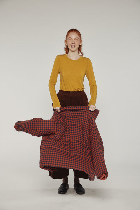 Amente puff gingham jacket in brick red and black with high neck