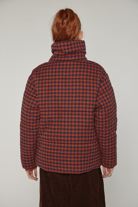 Amente puff gingham jacket in brick red and black with high neck