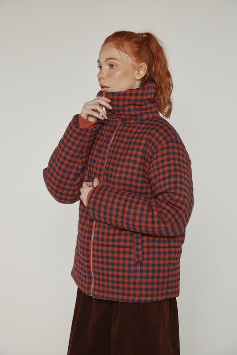 Amente puff gingham jacket in brick red and black with high neck