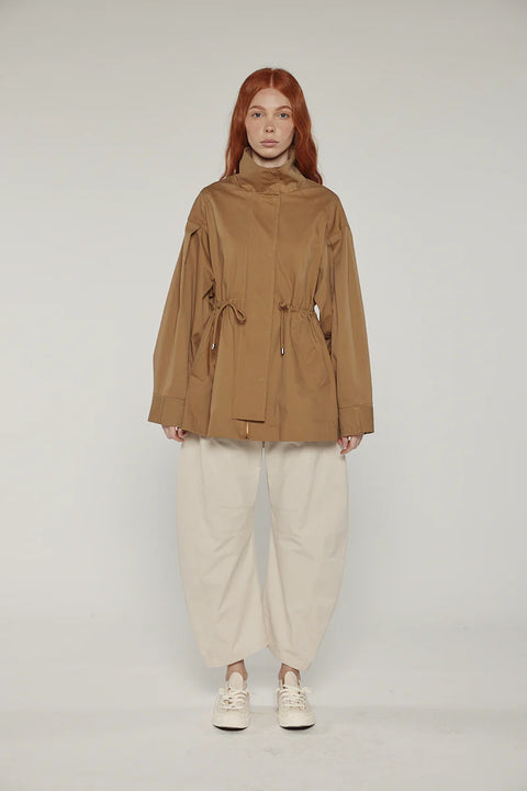 Utility inspired jacket, with adjustable waist tie, flap pockets. Amente Tie-Waist Cotton Jacket light brown Khaki
