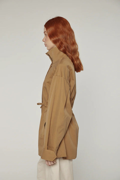 Utility inspired jacket, with adjustable waist tie, flap pockets. Amente Tie-Waist Cotton Jacket light brown Khaki
