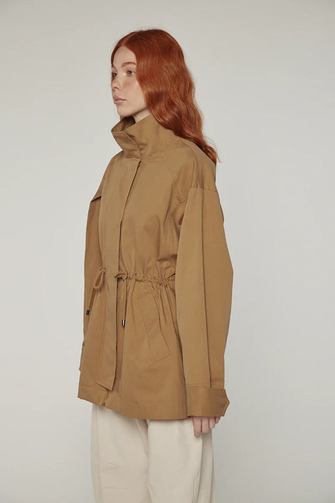 Utility inspired jacket, with adjustable waist tie, flap pockets. Amente Tie-Waist Cotton Jacket light brown Khaki
