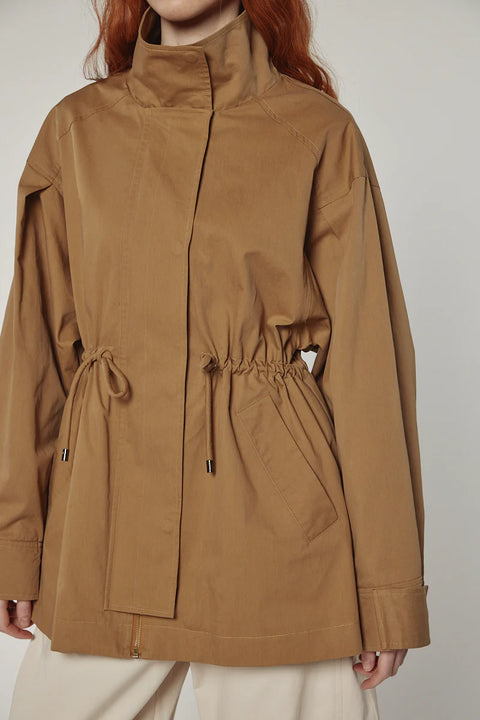 Utility inspired jacket, with adjustable waist tie, flap pockets. Amente Tie-Waist Cotton Jacket light brown Khaki
