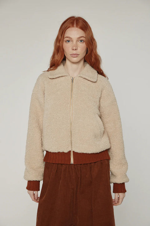 Amente oatmeal wool blend bomber jacket with ribbed cuffs and hem
