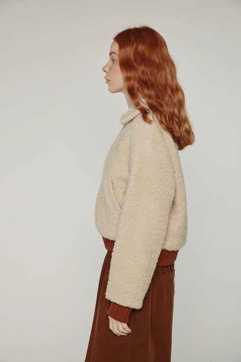 Amente oatmeal wool blend bomber jacket with ribbed cuffs and hem