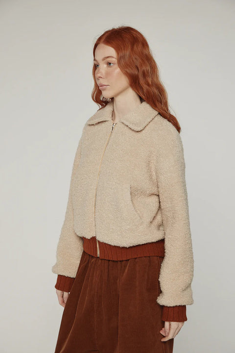 Amente oatmeal wool blend bomber jacket with ribbed cuffs and hem