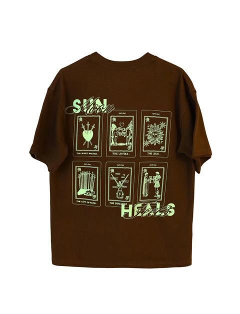oversized graphic tee with tarot cards, shirt is cotton and brown and design is light green 