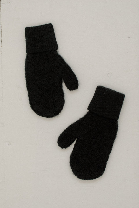 Textured boucle yarn mittens/gloves, with a ribbed cuff, brand is bare knitwear. Available in beige , grey and black
