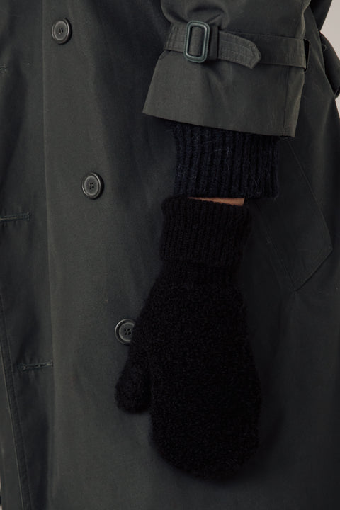 Textured boucle yarn mittens/gloves, with a ribbed cuff, brand is bare knitwear. Available in beige , grey and black
