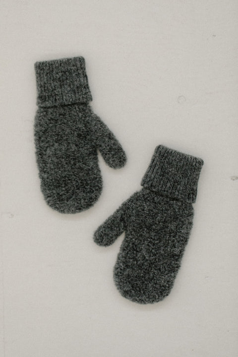 Textured boucle yarn mittens/gloves, with a ribbed cuff, brand is bare knitwear. Available in beige , grey and black
